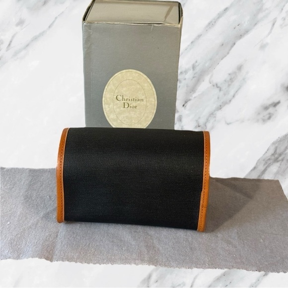 Christian Dior Vintage Black and Natural Leather Trim Pouch with Box NWOT - Picture 2 of 7